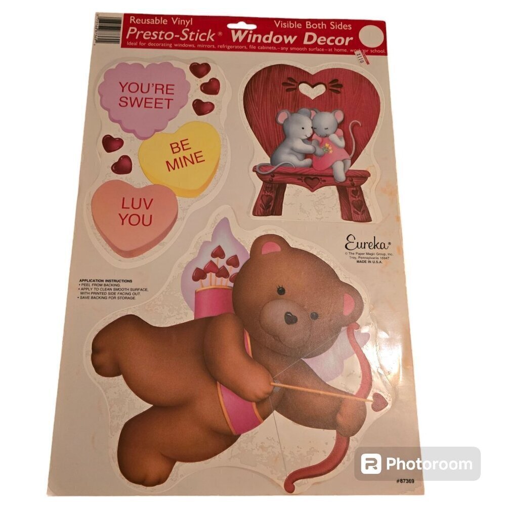 Vintage Eureka Valentine's Day Cupid Teddy Bear Window Cling Candy Hearts
